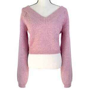 pink v neck cropped sweater